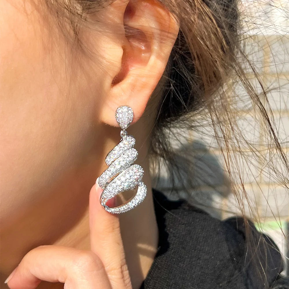 ThreeGraces Luxury Fashion Shiny White Zirconia Bridal Wedding Party Long Twist Lines Drop Earrings for Women Jewelry E1053