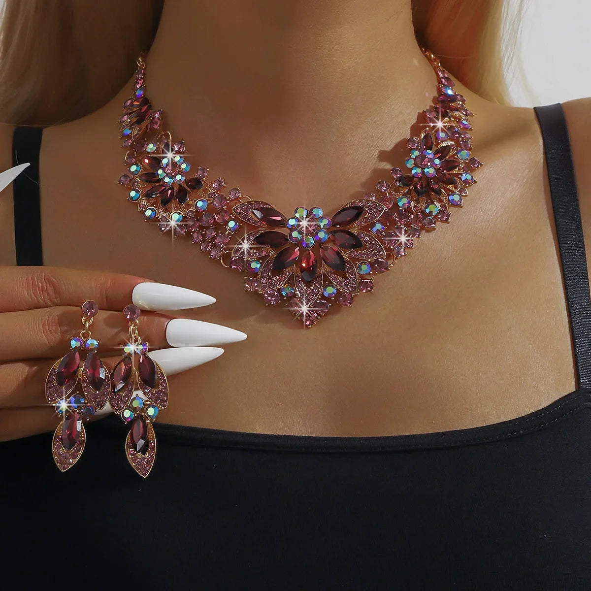 Vintage Crystal Flower Necklace Earrings Jewelry Set for Women Party Wedding Holiday Wear Casual Style All Seasons