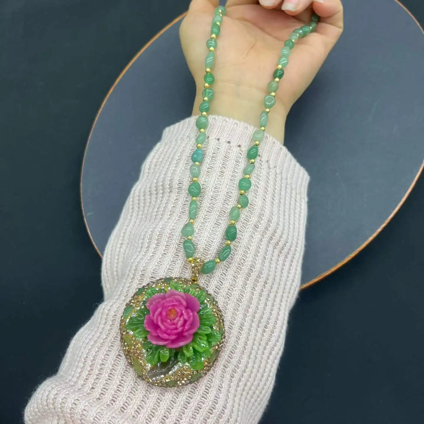Turkish Natural Tourmaline Crystal Stone Neckalce Jade 3D Peony Flower Pattern Gemstone Pendant Charm Chain Women Lucky Jewelry