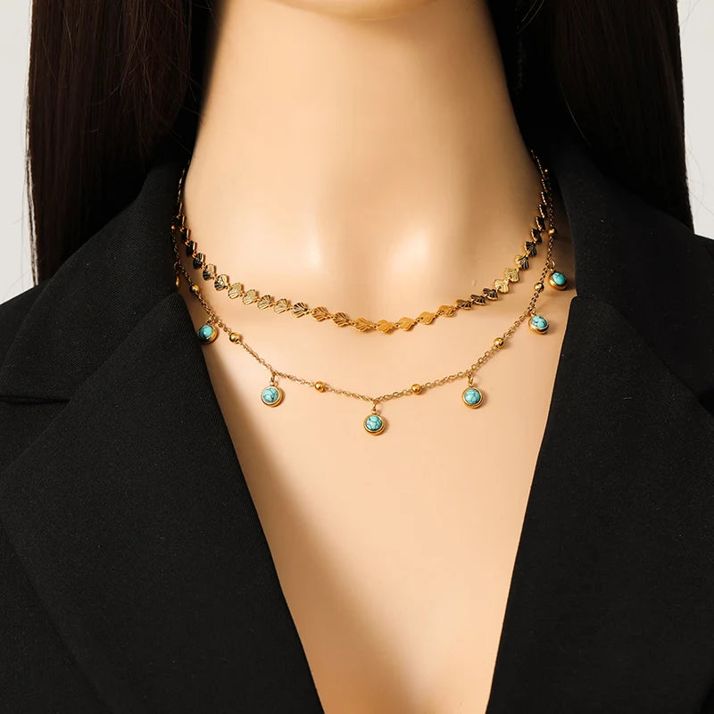 EILIECK 316L Stainless Steel Artificial Turquoise Pendant Necklace for Women Fashion Waterproof 2 Layer Neck Chain Jewelry Gift