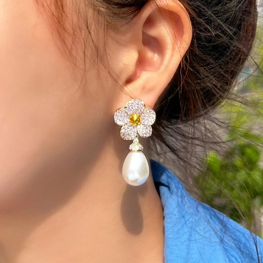 ThreeGraces Elegant Pink Yellow Cubic Zirconia Flower Shape Simulated Pearl Drop Earrings for Women Fashion Party Jewelry E1801