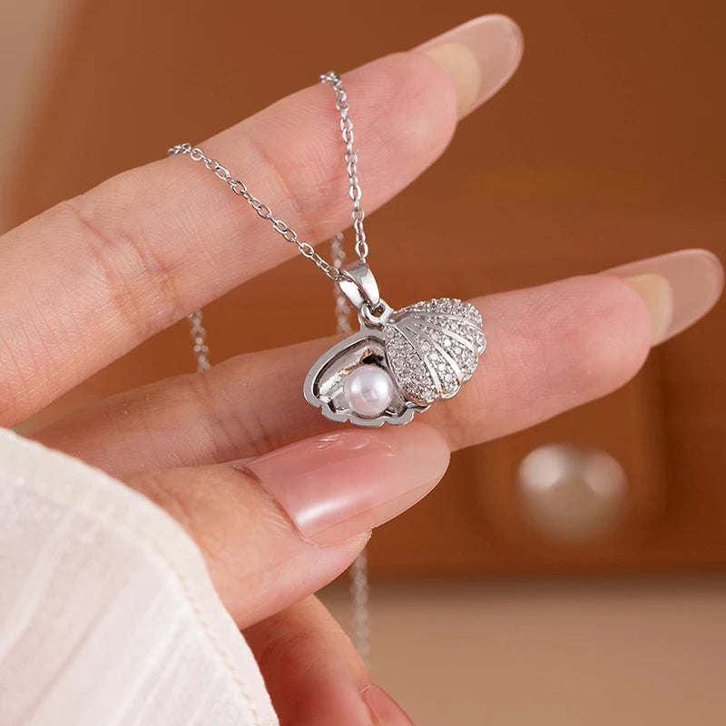 ANENJERY 316L Stainless Steel Flower Butterfly Shell Pendant Necklace For Women Delicate Elegant Fashion Jewelry Gifts Wholesale