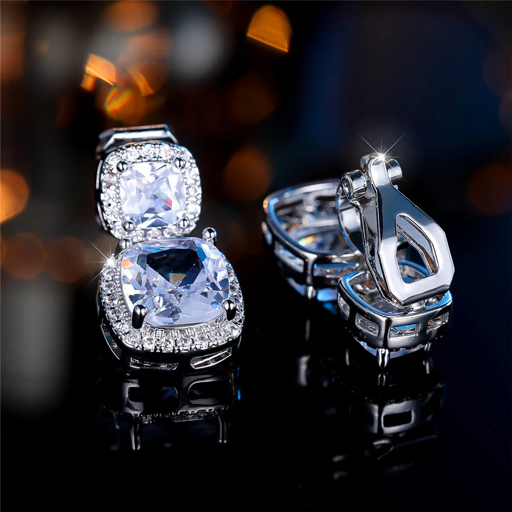 Luxury Big White Zircon Clip Earrings For Women Luxury Crystal Female Silver Color Round Wedding Jewelry