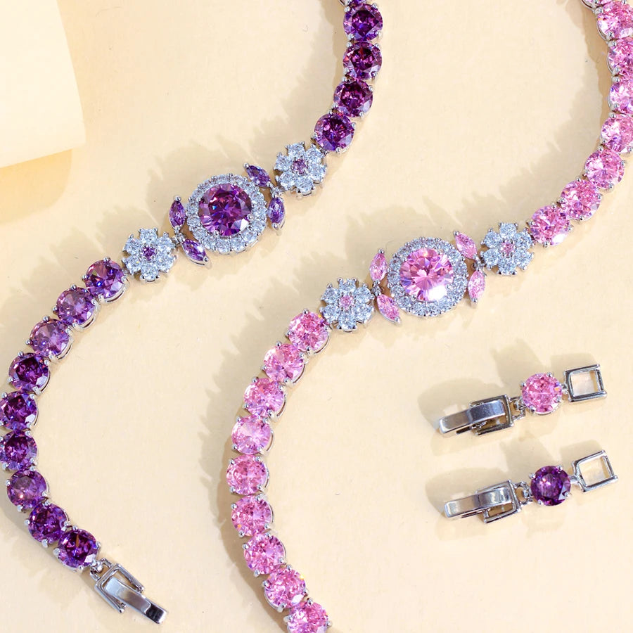 ThreeGraces Elegant Shiny Pink Round Zirconia Fashion Flower Bridal Wedding Engagement Tennis Bracelet for Women Jewelry BR411