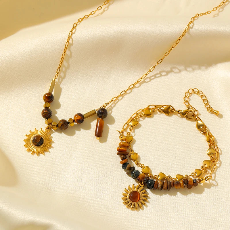 EILIECK 316L Stainless Steel Vintage Brown Beaded Pendant Necklace Bracelet Trendy For Women New Gift Waterproof Jewelry Set
