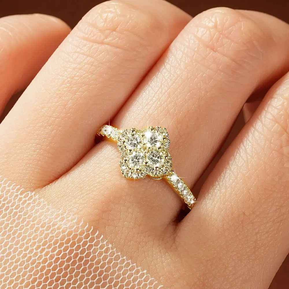 OXTAO Moissanite Four Leaf Flower Ring 3mm D VVS1 for Women Anniversary Gifts 14K Gold Filled Lab Imitation Diamond Wedding Ring