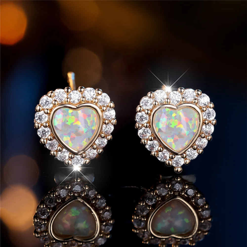 Cute Female White Fire Opal Stone Heart Stud Earrings Gold Color White Zircon Wedding Jewelry For Women