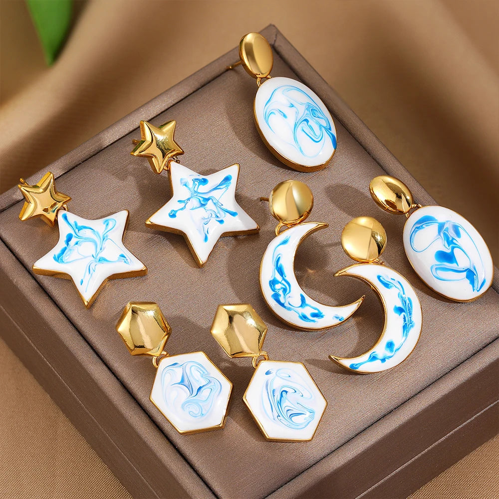 Blue White Porcelain Star Moon Oval Drop Earrings for Women Stainless Steel Gold Color Geometric Dangle Earrings Jewelry Gift