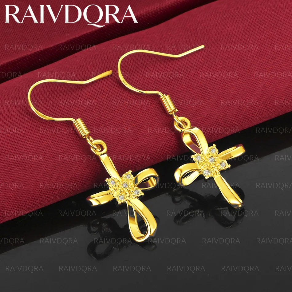 18K Gold Plated Earrings Bow Cross Drop Earrings For Women Jewelry Fashion Party and Daily Wea