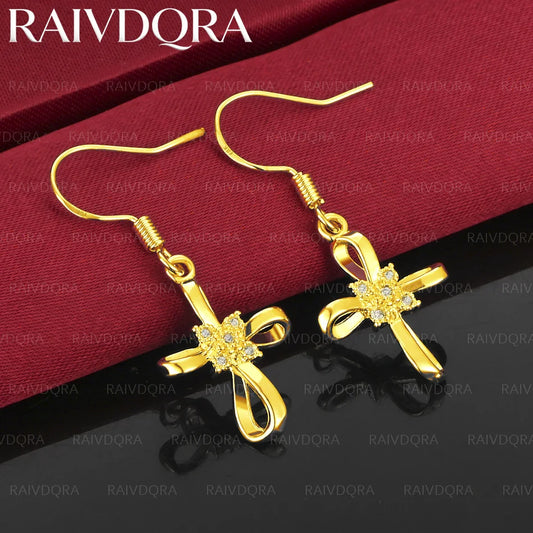 18K Gold Plated Earrings Bow Cross Drop Earrings For Women Jewelry Fashion Party and Daily Wea