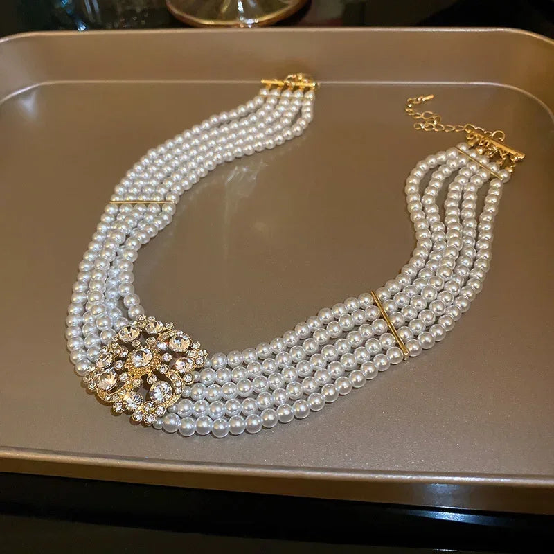 Elegant Multilayer Pearl Choker Necklaces for Women Crystal Flowers Necklaces Weddings Party Jewelry