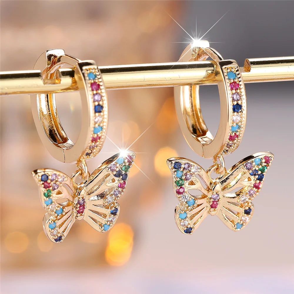 Luxury Female Rainbow Zircon Butterfly Hoop Earrings Fashion Gold Color Wedding Jewelry For Women