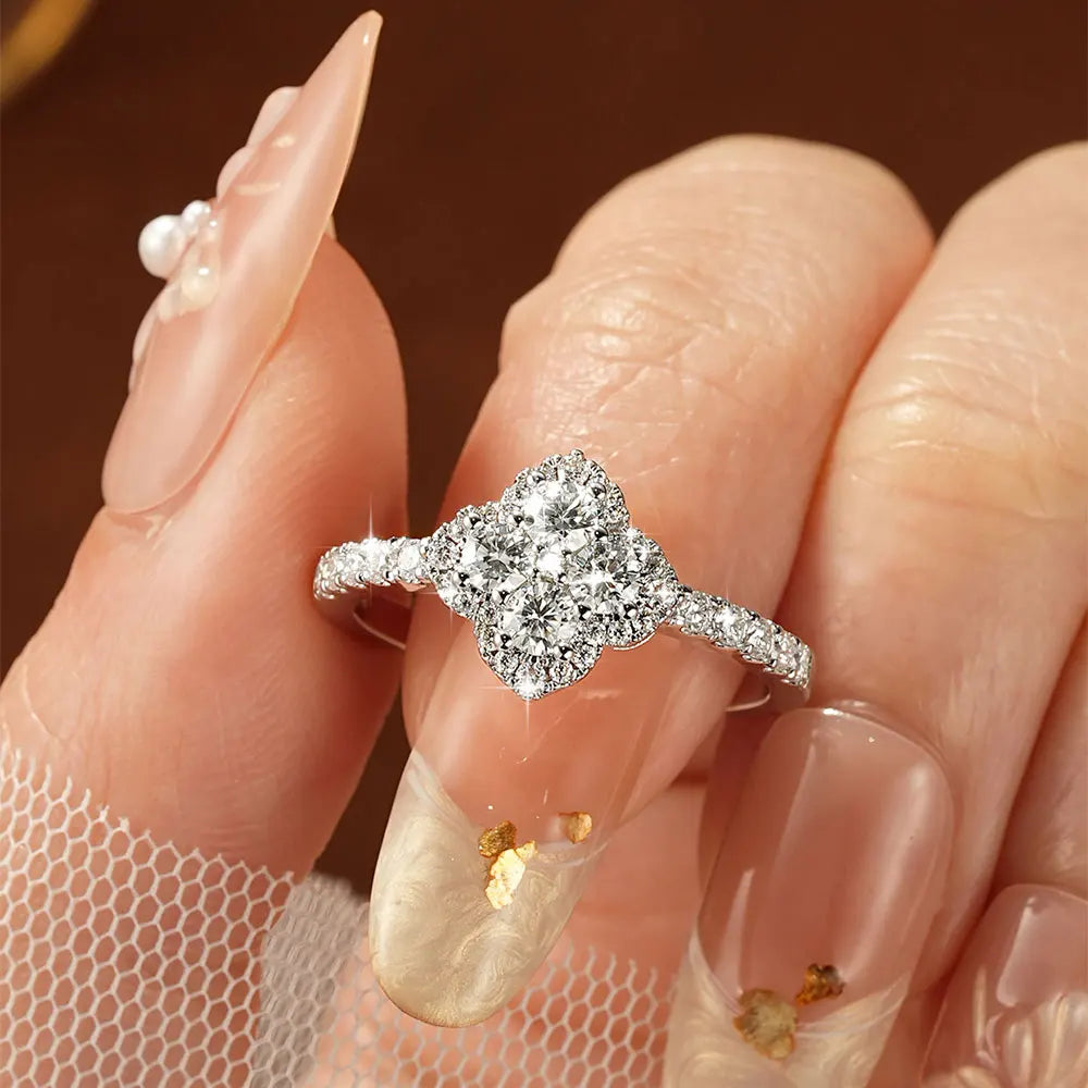 OXTAO Moissanite Four Leaf Flower Ring 3mm D VVS1 for Women Anniversary Gifts 14K Gold Filled Lab Imitation Diamond Wedding Ring