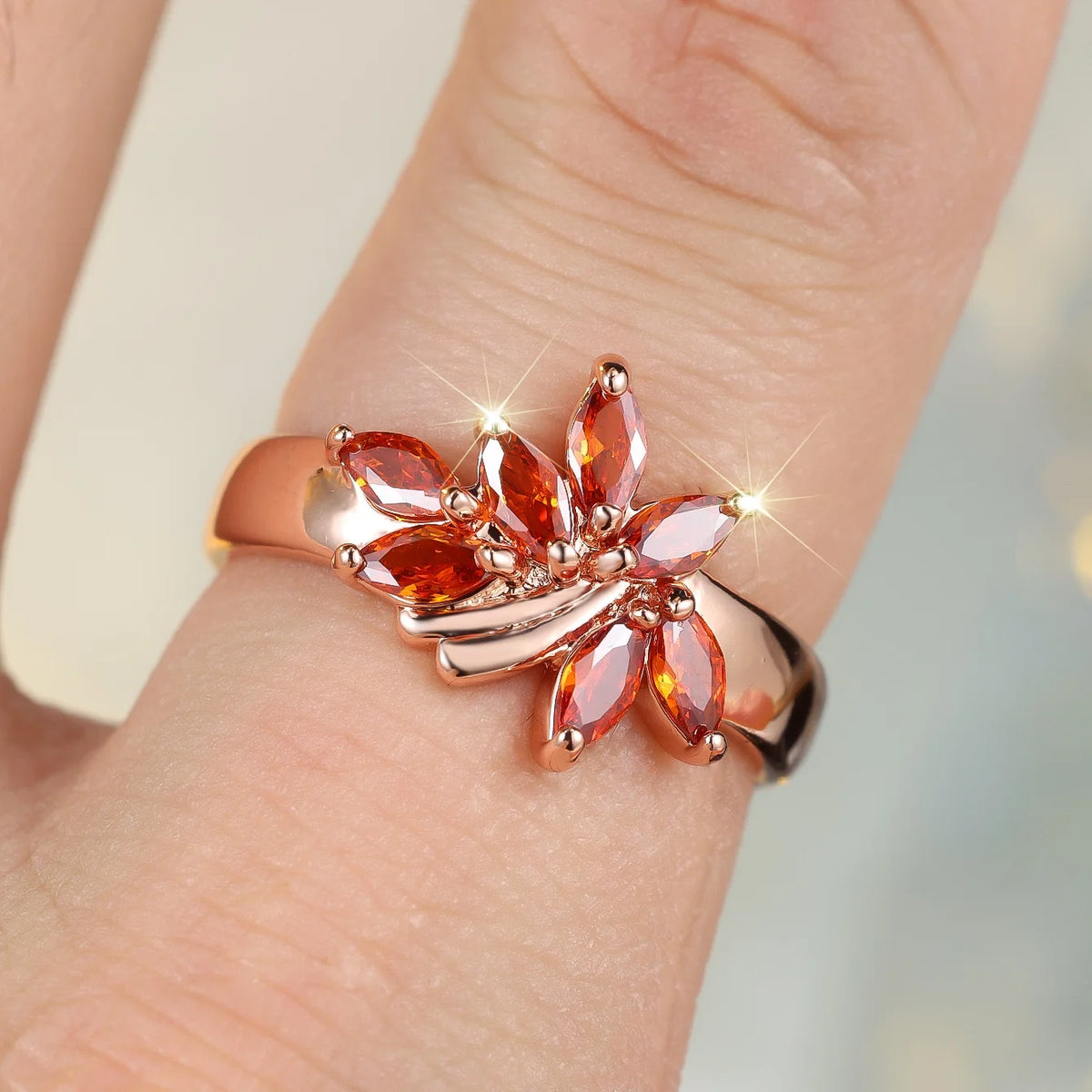 Cute Female Red Zircon Stone Tree Leaf Ring Rose Gold Color Engagement Charm Wedding Jewelry For Women