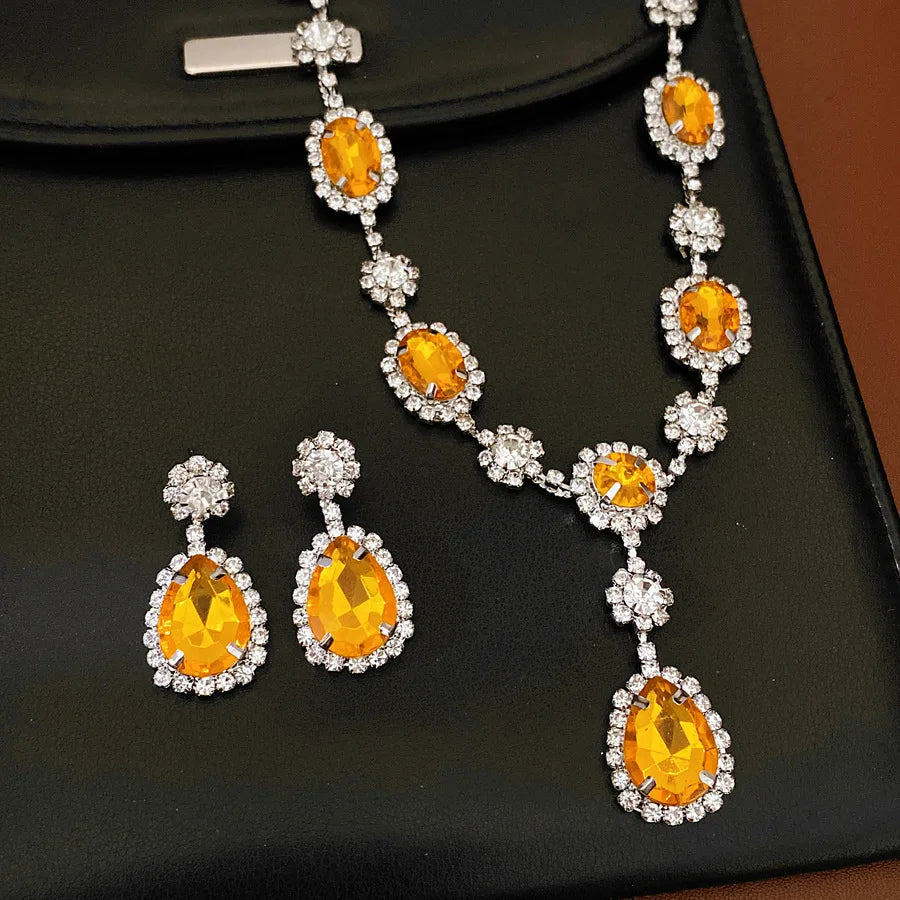 Shiny Cubic Zirconia Jewelry Set Women's Fashion Water Drop Teardrop Rhinestone Choker Necklace Dangle Earrings for Party K