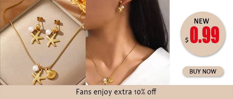 EILIECK 316L Stainless Steel Gold Color Starfish Shell Pearl Necklace Earrings Set For Women Trendy Waterproof Jewelry Lady Gift