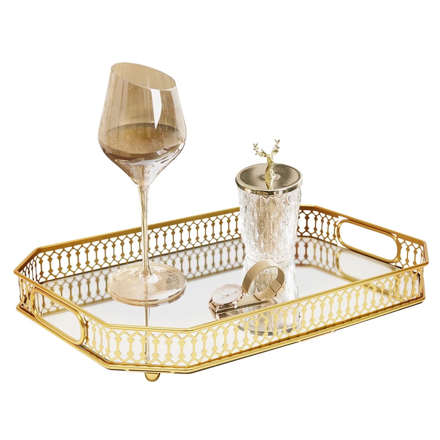 Gold Electroplated Iron Glass Serving Tray Rectangular Cut-out Handles Raised Edge Spherical Feet Decorative Vanity Tray