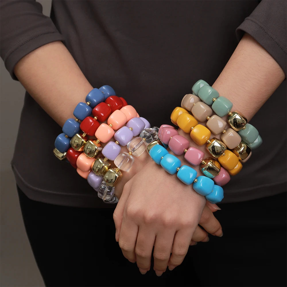 Trendy Colorful Square Beads Elastic Bangle Bracelets New Resin Geometric Beaded Stackable Bracelet 2026 Spring Summer Jewelry