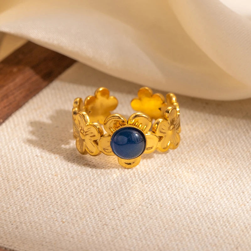 ANENJERY 316L Stainless Steel Flower Inlaid Colorful Stone Open Ring for Women Men Beauty Delicate Jewelry Gifts Wholesale