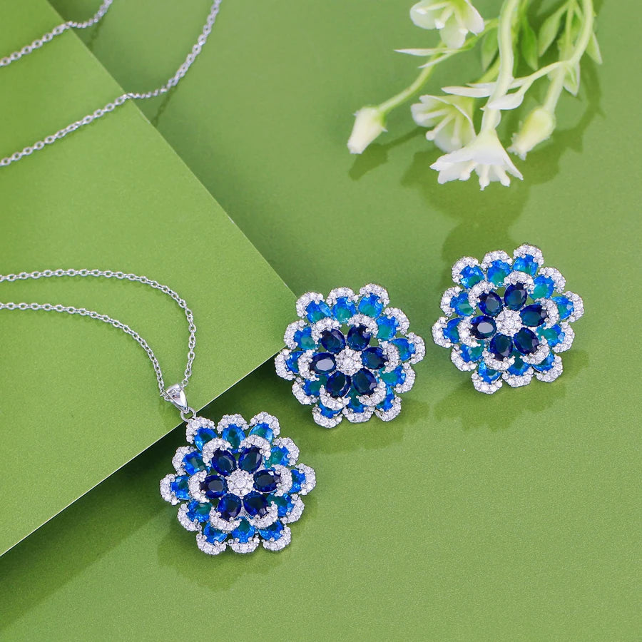 ThreeGraces 2025 New Fashion Blue Zirconia 3D Design Big Flower Earrings and Pendant Necklace Party Jewelry Set for Women J722