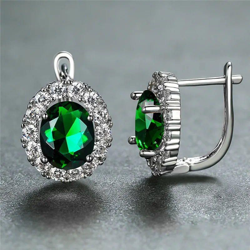 Luxury Crystal Purple Oval Stone Earrings Multicolor Zircon Small Hoop Earrings Classic Silver Color Wedding Earrings For Women