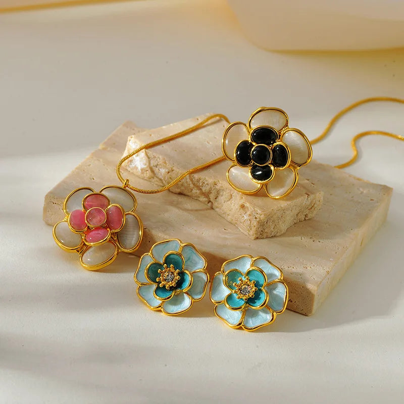 EILIECK 316L Stainless Steel Colorful Enamel Flower Necklace Earrings Ring Set For Women Trendy Waterproof Jewelry Lady Gift