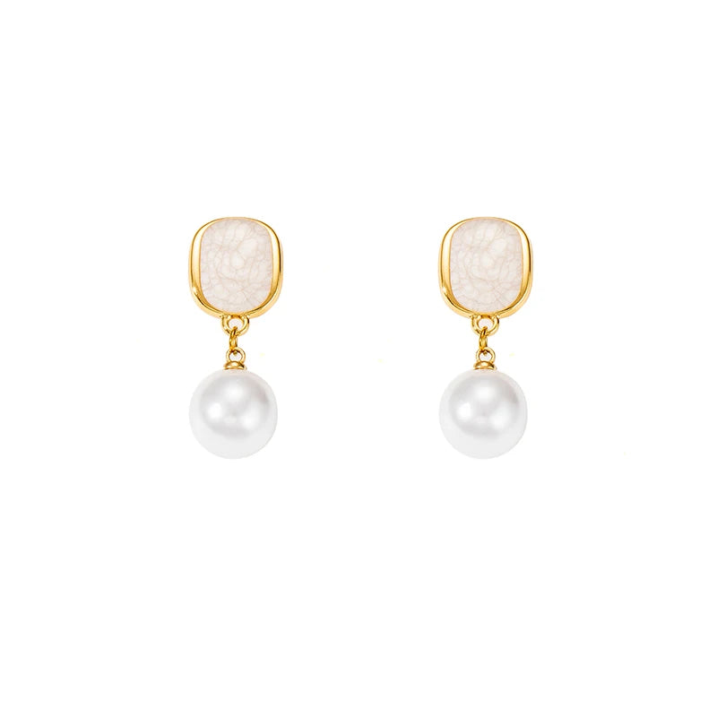 ANENJERY 316L Stainless Steel Geometric Elliptical Drop Glazed Enamel Pearl Earring For Women Fashion Luxury Niche Jewelry Gift