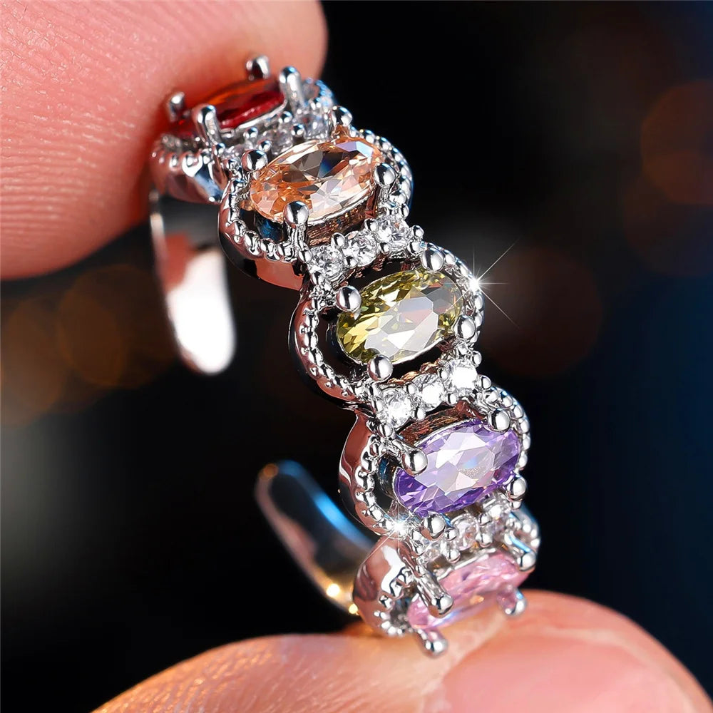 Cute Female Rainbow White Zircon Open Gold Color Wedding Rings Promise Adjustable Engagement Jewelry For Women