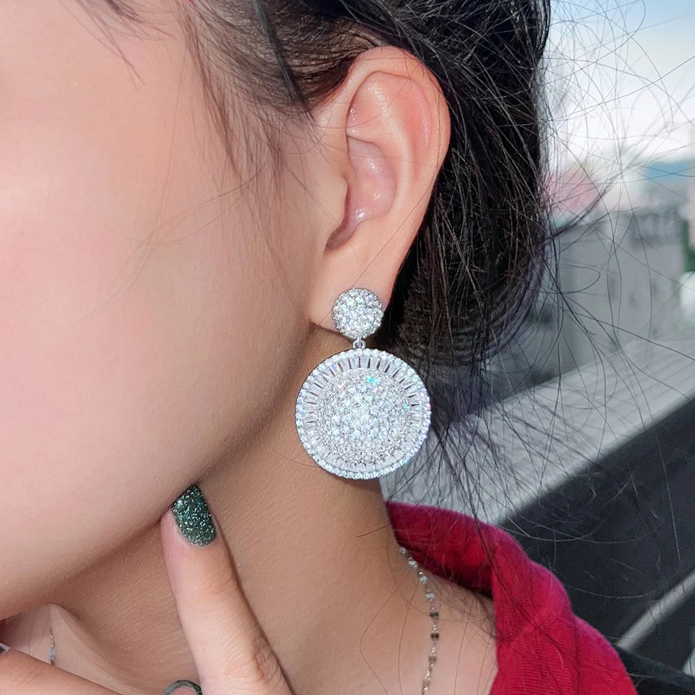 ThreeGraces High Quality Cubic Zirconia Silver Color Luxury Big Geometric Round Dangle Earrings for Women Party Jewelry E1227