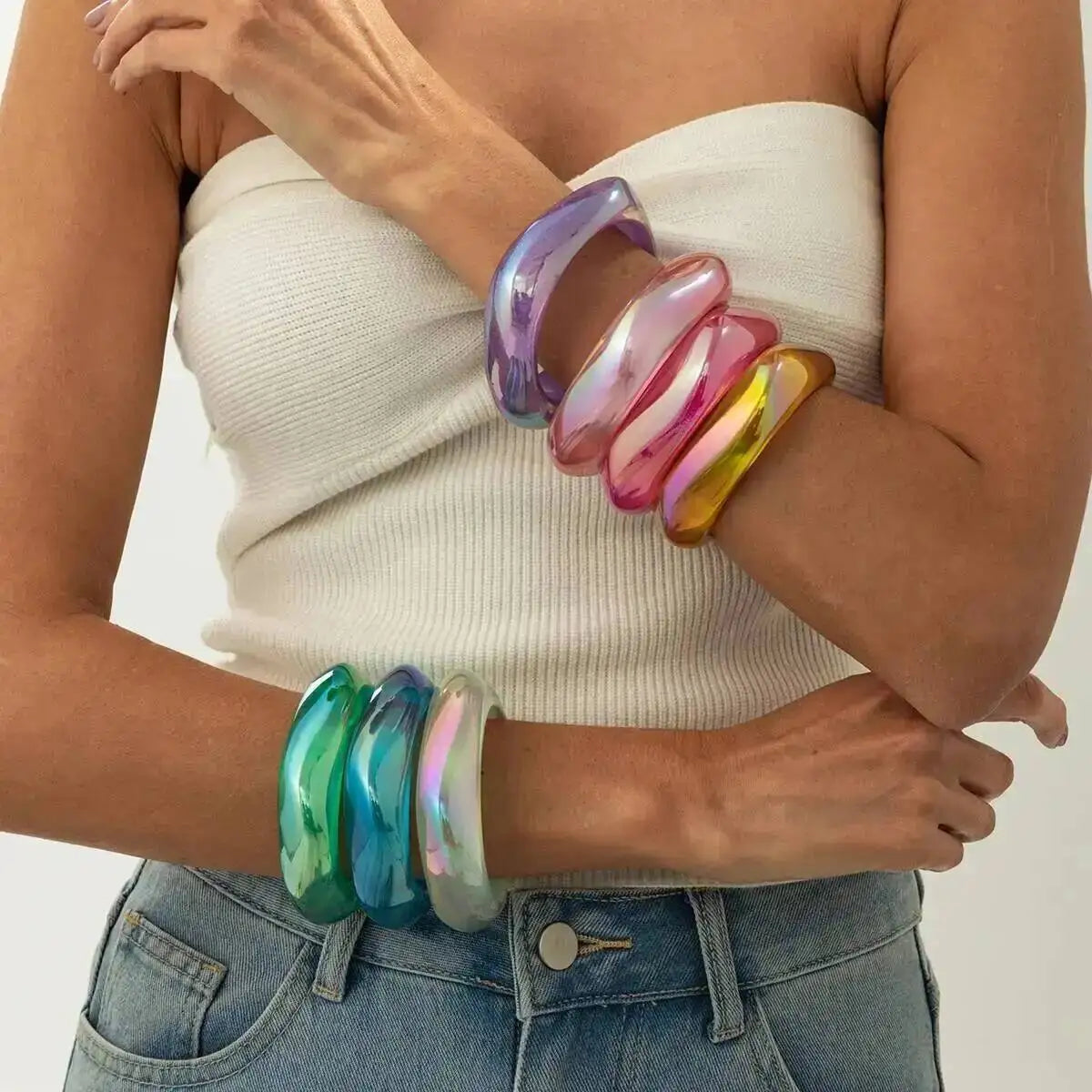 Lacteo 7 Styles Punk Hip Hop Colorful Transparent Resin Bangles Bracelets Women Creative Boho Chunky Bangles Aesthetics Jewelry