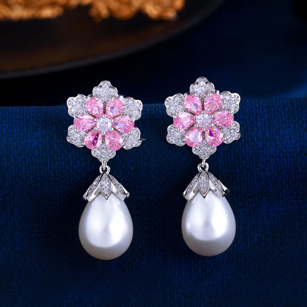 ThreeGraces Delicate Shiny Pink Zirconia Simulated Pearl Long Flower Drop Earrings for Women Bridal Wedding Party Jewelry E1929