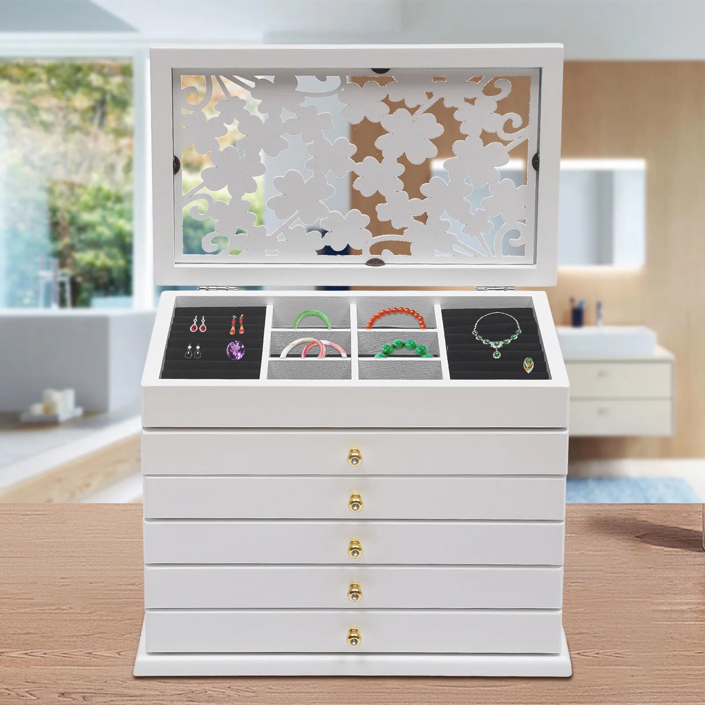 Wood Jewelry Box& Organizer,NEWEST 6 Layers Jewellery Case W/ 5 Drawers, for Bracelets Necklaces Earrings Rings, 12.2x 7.9x 9.6"