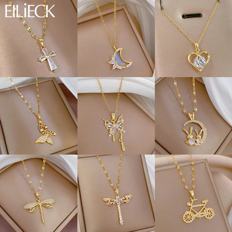 EILIECK 316L Stainless Steel Dragonfly Butterfly Shiny Cubic Zircon Pendant Necklace for Women Luxury Neck Chain Fashion Jewelry