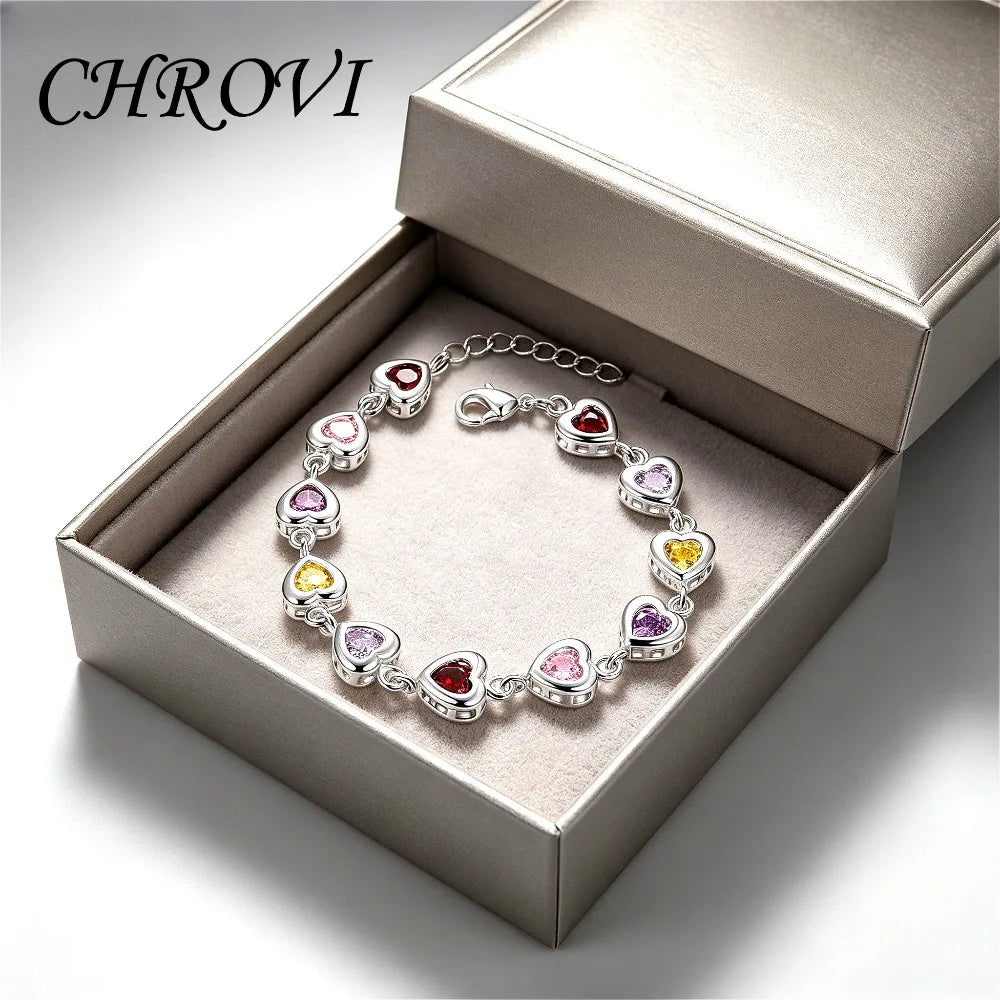 Exquisite 925 sterling silver cubic zirconia crystal heart bracelet for women, versatile, fashionable, suitable for commuting