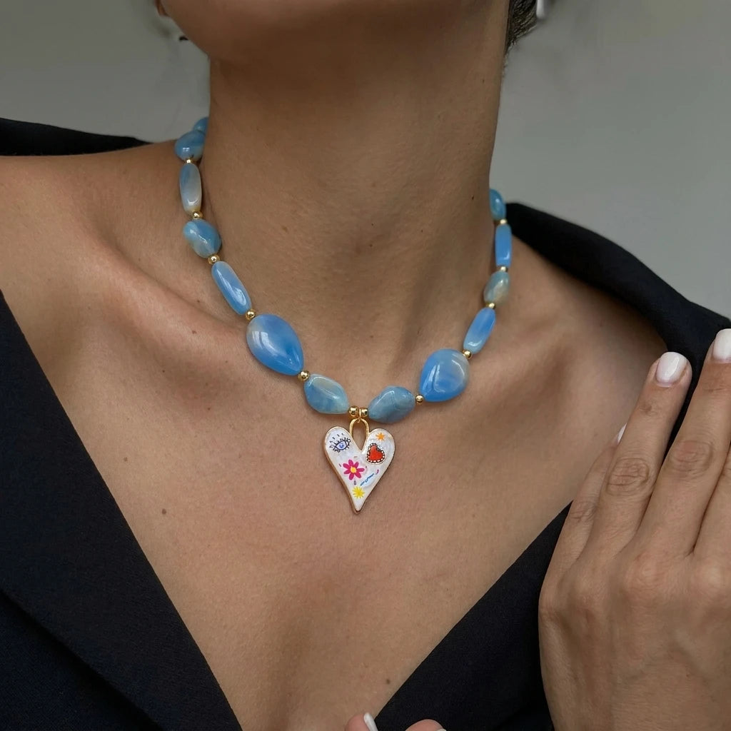 Colorful Irregular Resin Beaded Heart Pendant Necklace for Women Bohemia Brown Round Adjustable Choker Party Jewelry Gifts
