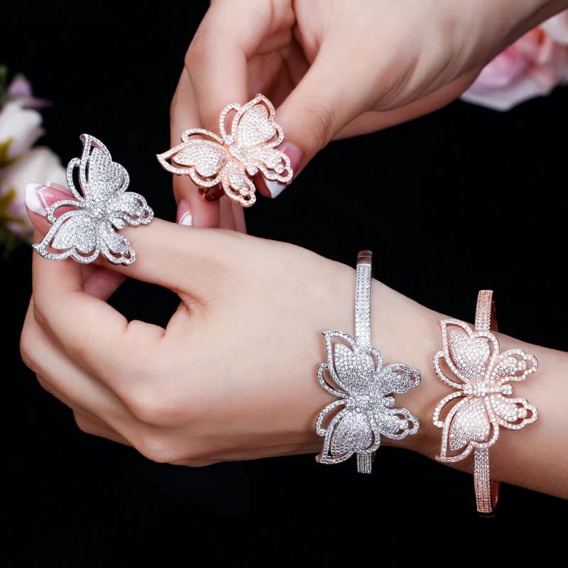 ThreeGrace Luxury Sparkling Cubic Zirconia Wedding Bridal Party Big Butterfly Finger Ring and Bangle Jewelry Set for Women JS543