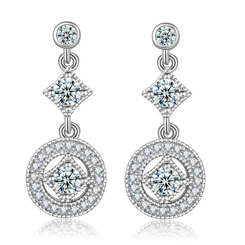 Radiant Elegance Earrings Clear CZ Crystals Surrounded Square Round Cut Ancient Women 925 Sterling SIlver Drop Earings Jewelry