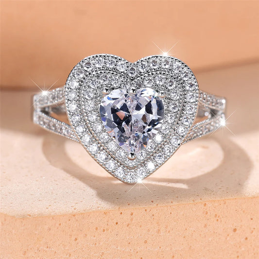 Trendy White Zircon Love Heart Vintage Silver Color Wedding Bands Engagement Rings For Women Men Minimalist Jewelry