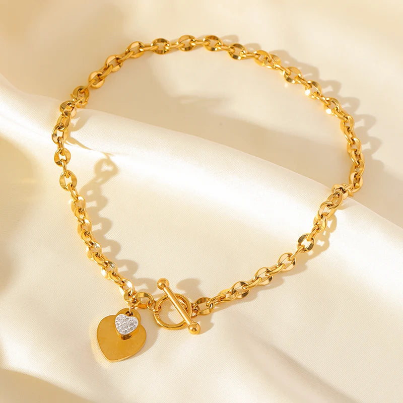 EILIECK New Fashion Stainless Steel Metal Double Heart Necklace Bracelet For Women Fashion Waterproof 3-Color Jewelry Set Gift