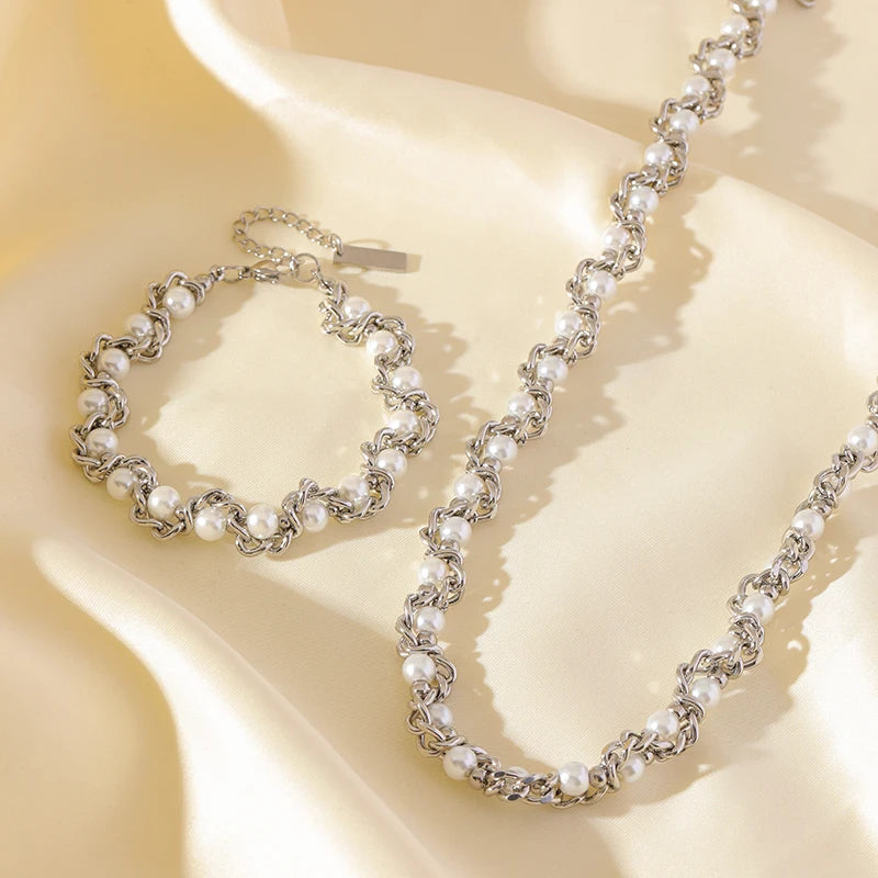EILIECK 316L Stainless Steel Pearl Chain Necklace Bracelet Set For Women Fashion Waterproof Silver Color Jewelry Set Gift Party