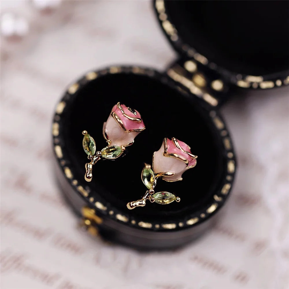 Cute Female White Enamel Gold Color Pink Flower Stud Earrings Lovely Bridal Wedding Jewelry For Women