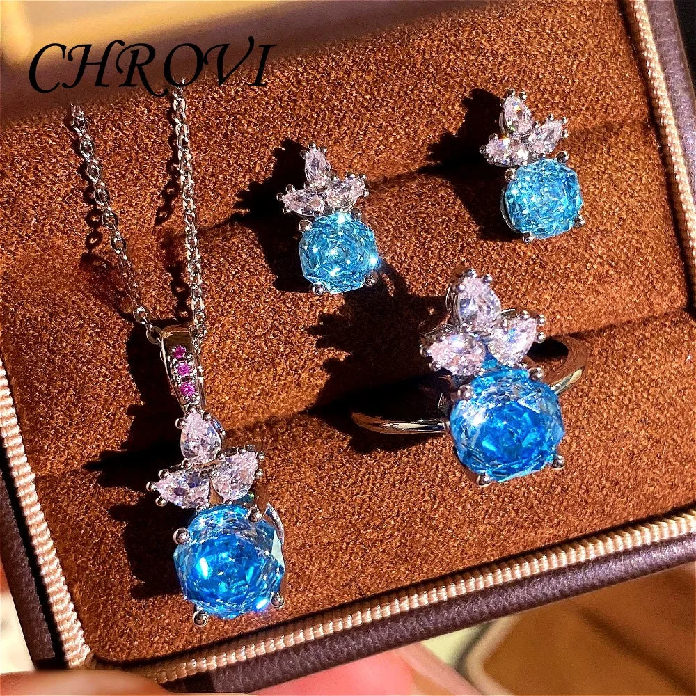 Luxury 925 Sterling Silver Millennium Rose Diamond Pendant Necklace, Diamond Ring and Stud Earring Set