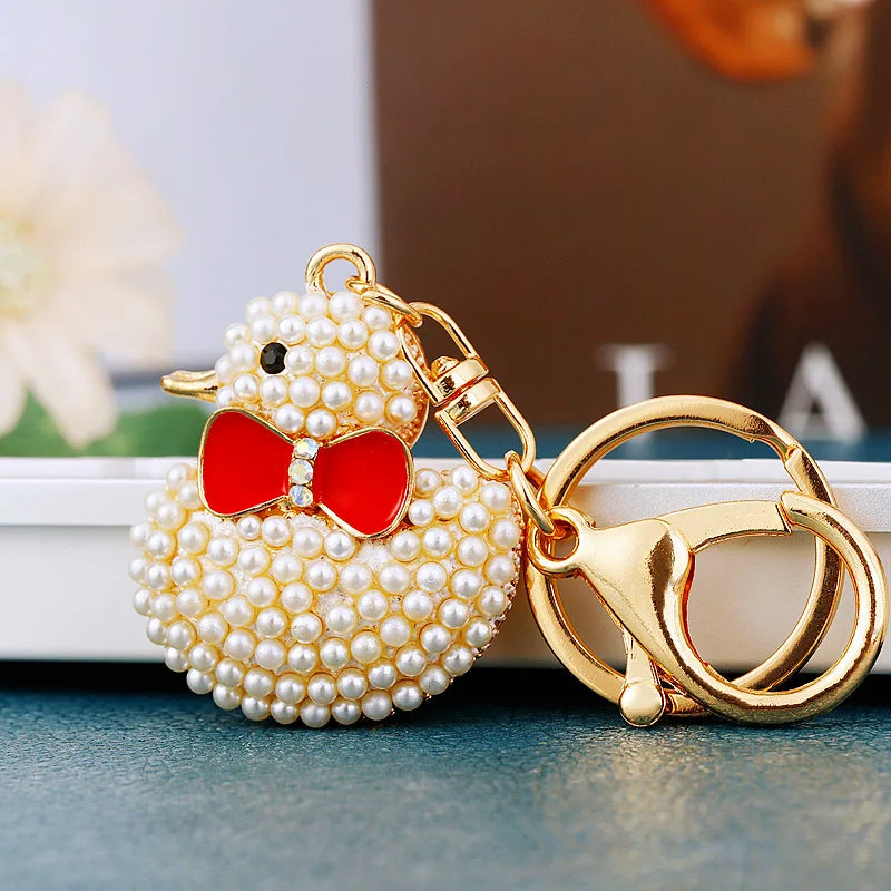 Creative rhinestone cute big yellow duck car keychain women's bag pendant metal key chain ring festival gift wholesale
