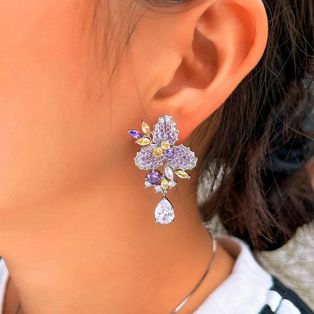 ThreeGraces Delicate Purple Yellow Zircon Long Flower Leaf Drop Earrings for Women Elegant Bridal Wedding Party Jewelry E1904