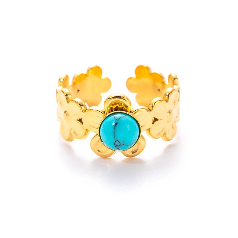 ANENJERY 316L Stainless Steel Flower Inlaid Colorful Stone Open Ring for Women Men Beauty Delicate Jewelry Gifts Wholesale