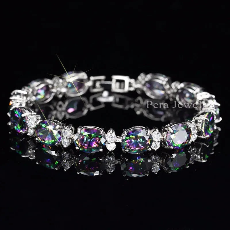 Pera Fashion Women Evening Party Jewelry Natural Light Blue Oval Rainbow Mystic Crystal Stones Bracelets for Birthday Gift B087