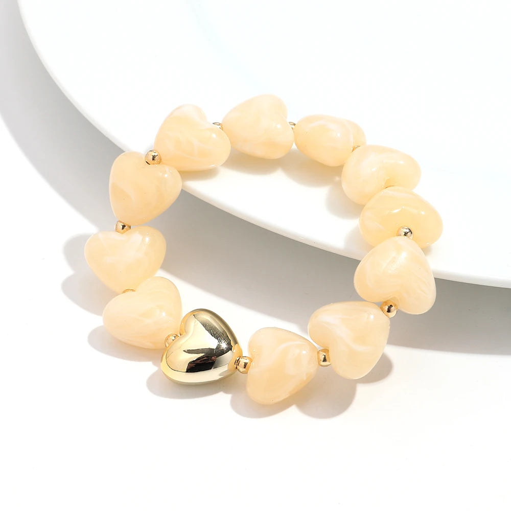Sweet Resin Love Heart Beads Elastic Bracelets for Women Cute Geometric Heart Shape Stretch Bracelet Party Jewelry Gifts