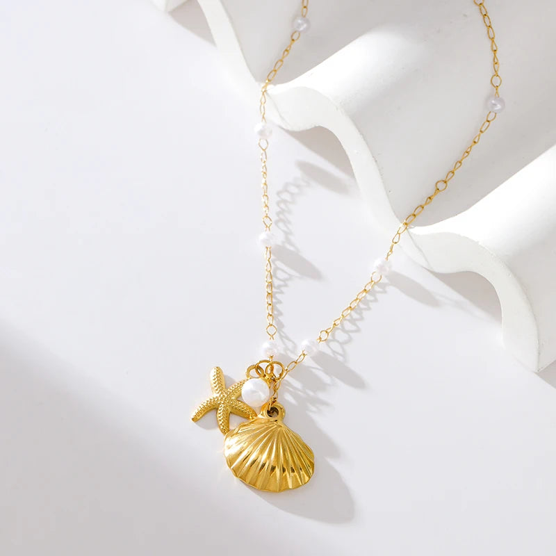 EILIECK 316L Stainless Steel Shell Starfish Pearl Pendant Necklace For Women Fashion New Party Gift Charm Neck Chain Jewelry