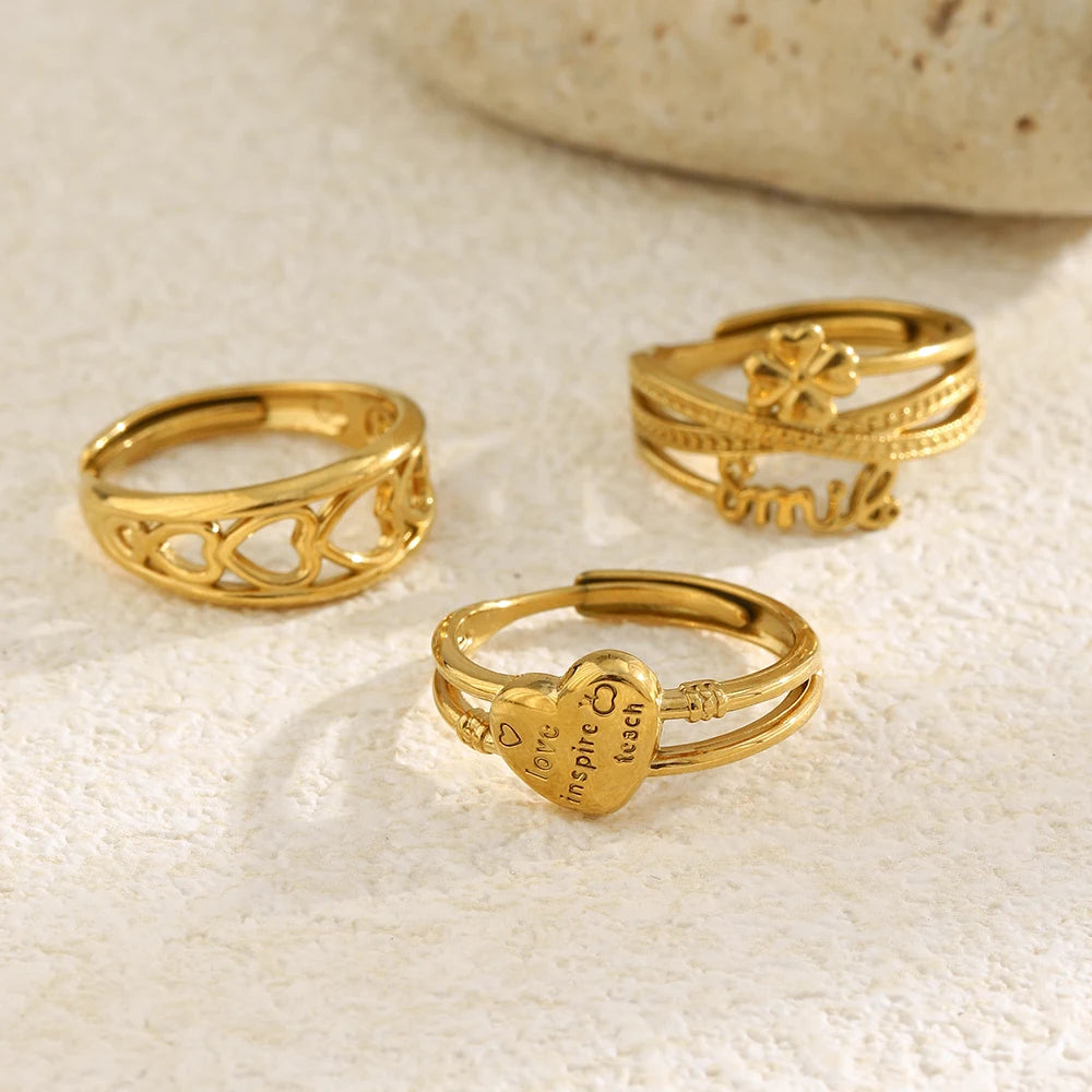E.B.belle Stainless Steel Open Series Heart Flower Ring Gold Artistic And Sweet Design Women's Jewelry Accessories For Gift