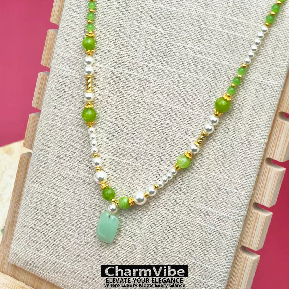 NEW Green stone Beaded Pearl Necklace for Women Golden Lucky Pendant Necklace Boho Vintage Wedding Party Daily Wear Jewelry Gift